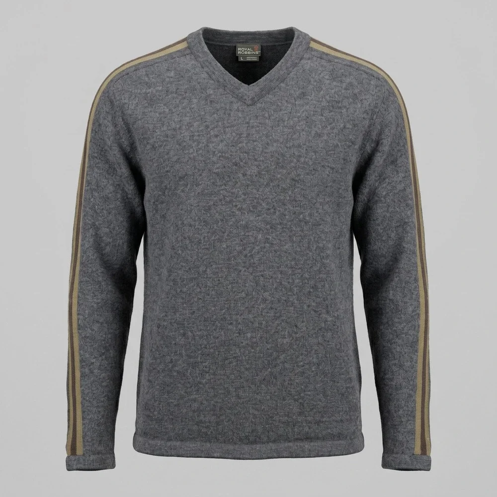 Royal Robbins Mens XL Gray Sweater V-Neck Wool Blend Striped Sleeve ROY-S26
